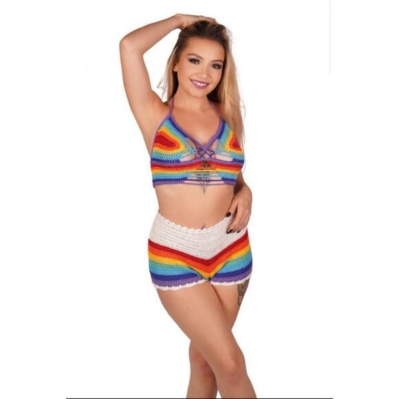 🦋B2G1🦋WESTERN FASHION Crochet Shorts Rainbow Pride Bottoms - Picture 2 of 7